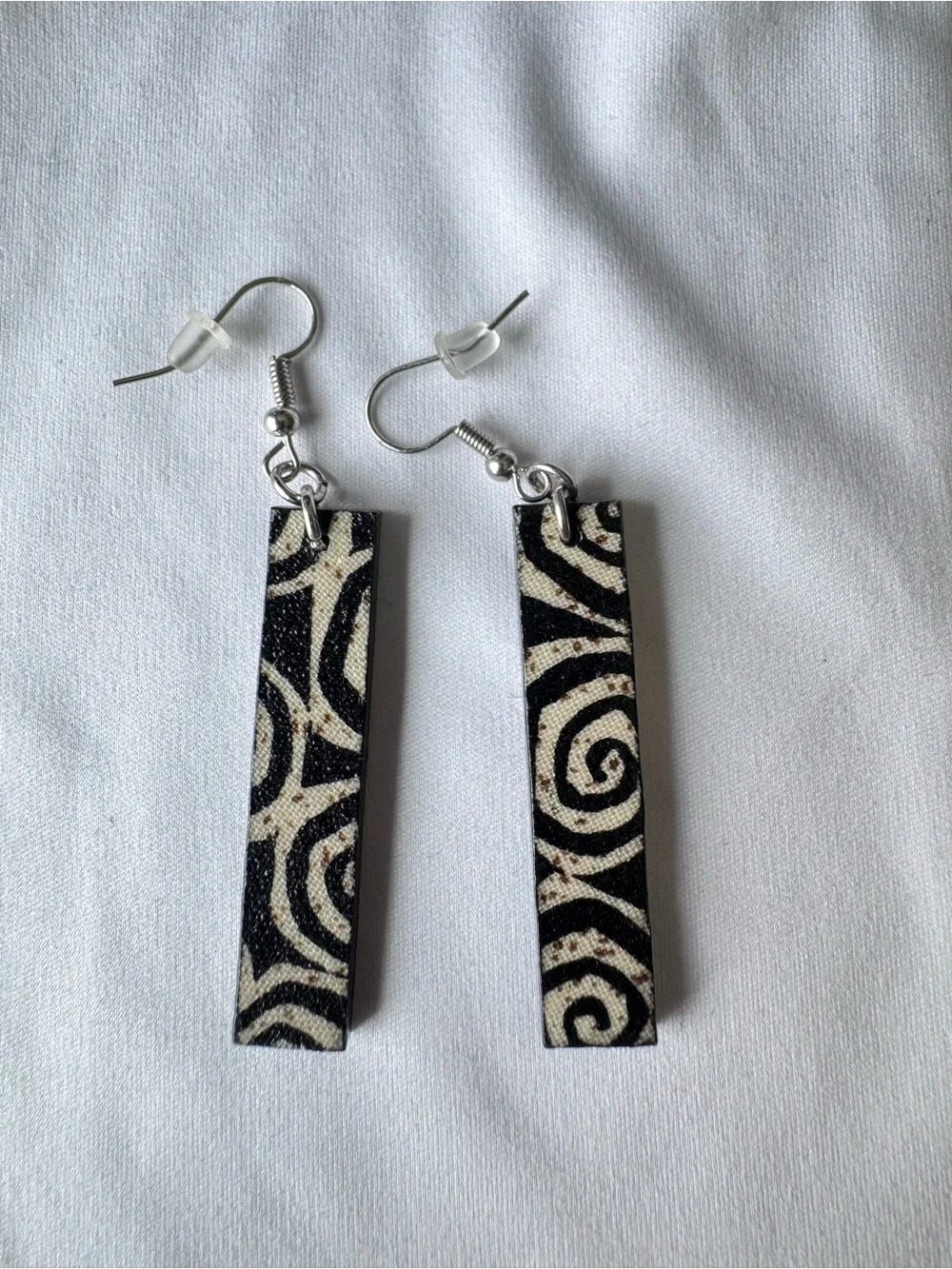 Handmade Black and Cream Swirl Bar Earrings